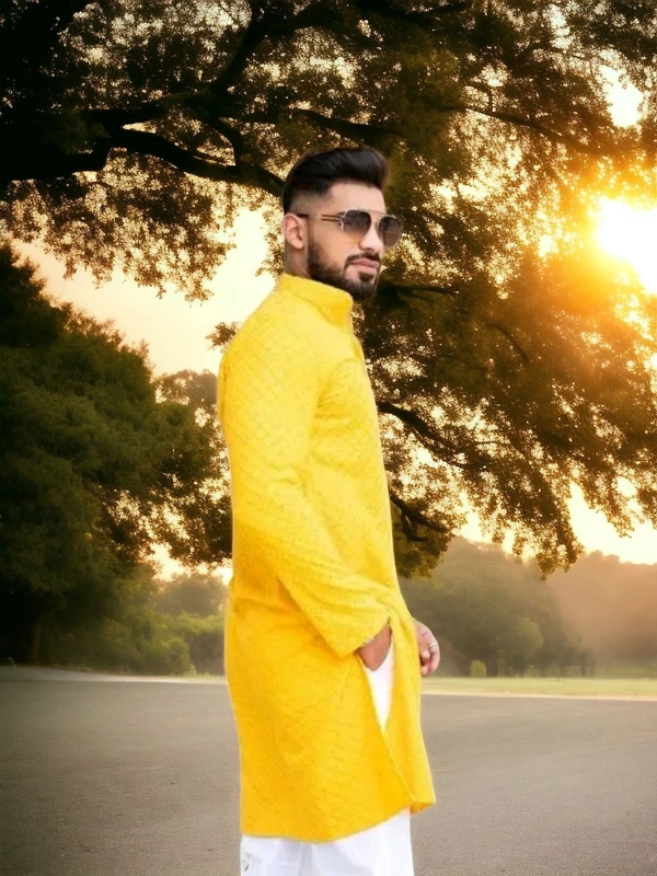 Ethnic chikankari tikli work cotton kurta(ONLY KURTA) yellow - Yellow, XXL