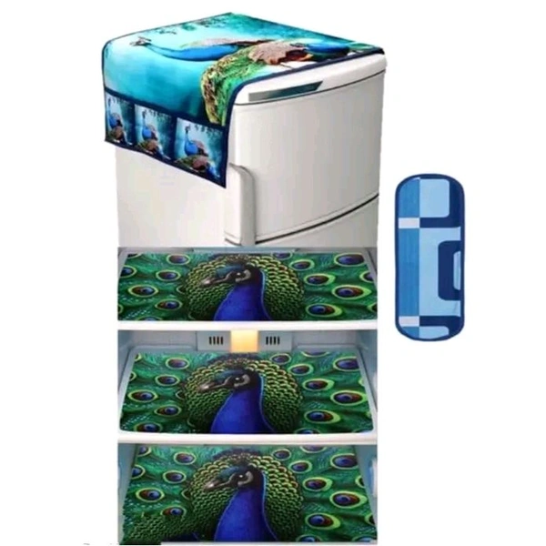 Stylish Peacock Design Fridge Top Cover and PVC mat and 1 Handle Cover , Best quality Product, Refrigerator cover set, fridge cover set - Blue