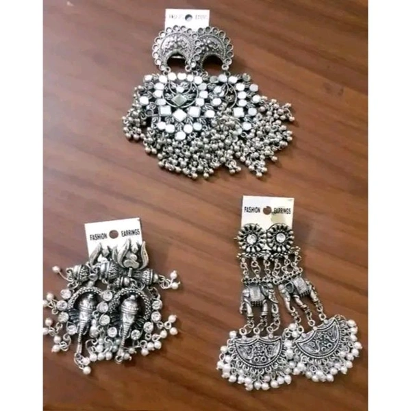 Combo of 3 Pair Latest Stylish Oxidised Silver Drop And Dangles Chandbali Jhumki Earrings Set For Women/Girls