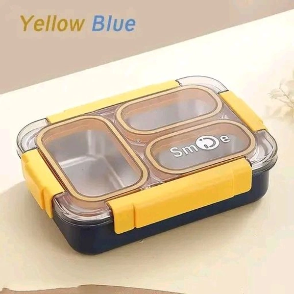 IQIX 3 Compartment Stainless Steel Bento Lunch Box with Leakproof Design (Blue & Yellow)