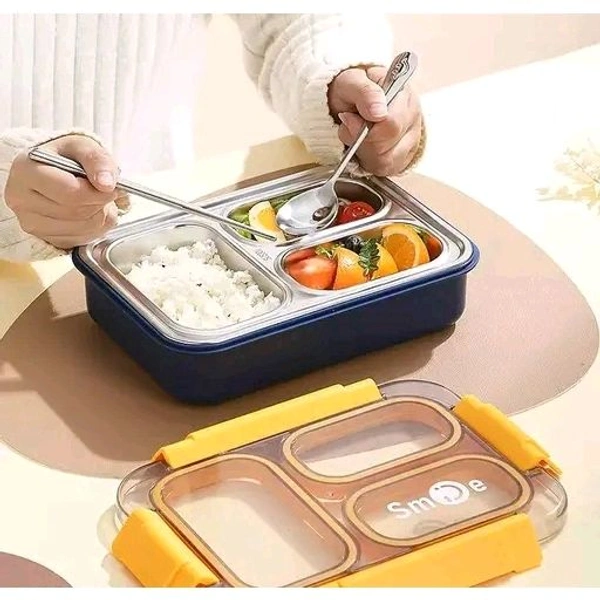 IQIX 3 Compartment Stainless Steel Bento Lunch Box with Leakproof Design (Blue & Yellow)