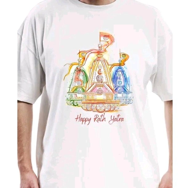 Latest Happy Rath Yatra Printed T-Shirt | Odisha Festival Graphic Tee | Cotton Casual Wear for Boys - White, M
