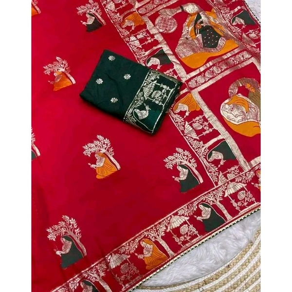 new trending saree cottan saree beautiful saree trending saree dola silk saree meena saree  - Red