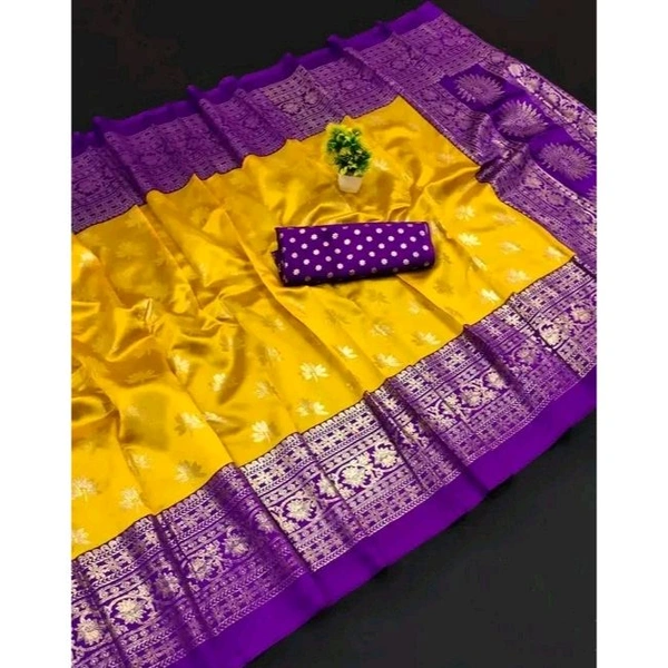 KANOODA Mysore Silk Yellow Foil Printed Saree With Blouse