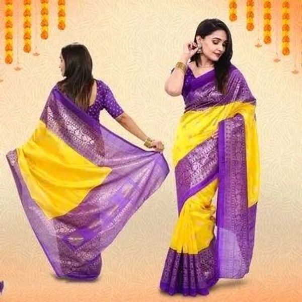 KANOODA Mysore Silk Yellow Foil Printed Saree With Blouse