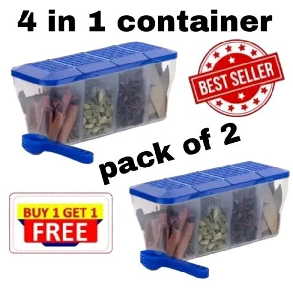 Multipurpose Plastic 4 in 1 Masala Box for Kitchen, Transparent Pickel Box, 4 Compartment Storage Container Airtight for Cereal, Dry Fruits Dabba1800 Ml with 4 Spoons (Blue)(Pack Of 2) - Blue