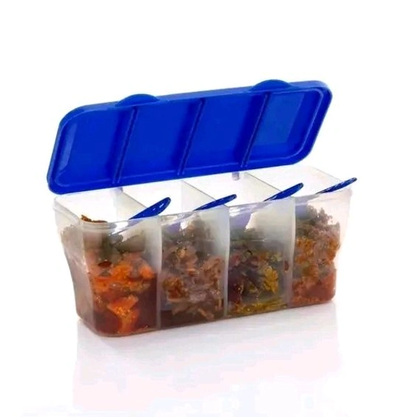 Multipurpose Plastic 4 in 1 Masala Box for Kitchen, Transparent Pickel Box, 4 Compartment Storage Container Airtight for Cereal, Dry Fruits Dabba1800 Ml with 4 Spoons (Blue)(Pack Of 2) - Blue