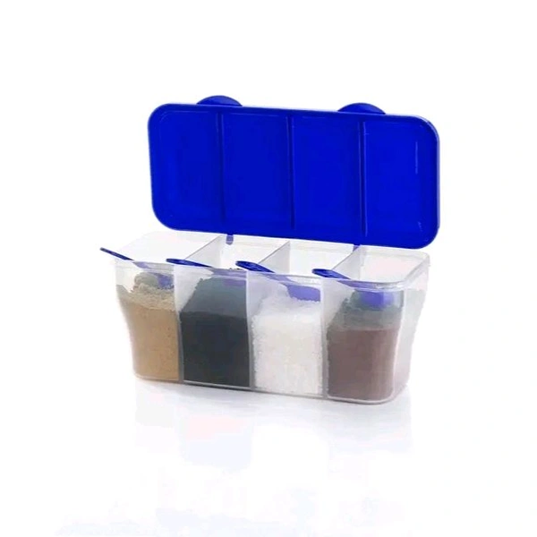 Multipurpose Plastic 4 in 1 Masala Box for Kitchen, Transparent Pickel Box, 4 Compartment Storage Container Airtight for Cereal, Dry Fruits Dabba1800 Ml with 4 Spoons (Blue)(Pack Of 2) - Blue