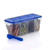 Multipurpose Plastic 4 in 1 Masala Box for Kitchen, Transparent Pickel Box, 4 Compartment Storage Container Airtight for Cereal, Dry Fruits Dabba1800 Ml with 4 Spoons (Blue)(Pack Of 2) - Blue