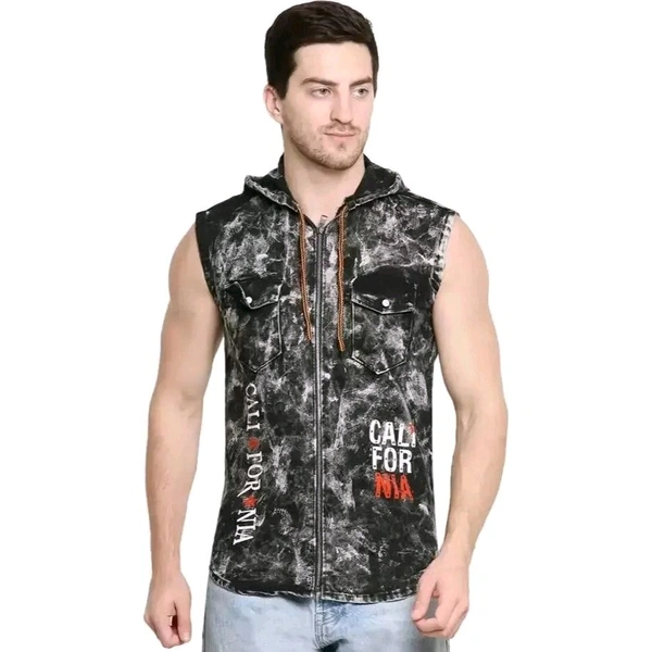 Matelco Men's Black Denim Shirts sleeveless with Hooodie |Casual Shirt|Holiday Shirt|Beach Shirt - Black, S