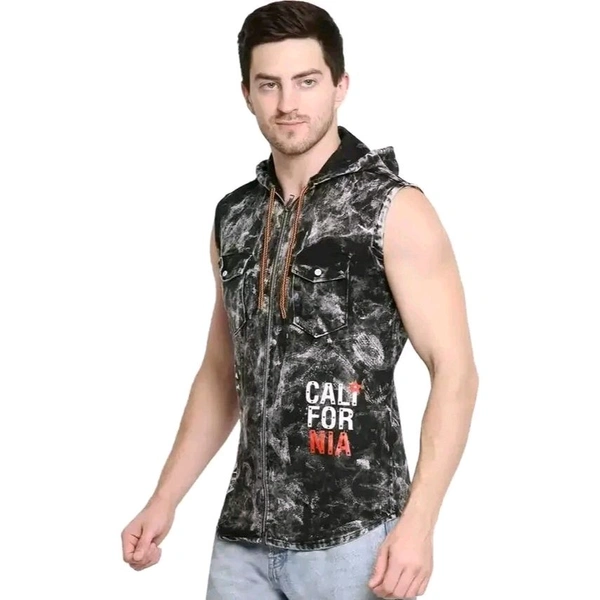Matelco Men's Black Denim Shirts sleeveless with Hooodie |Casual Shirt|Holiday Shirt|Beach Shirt - Black, M