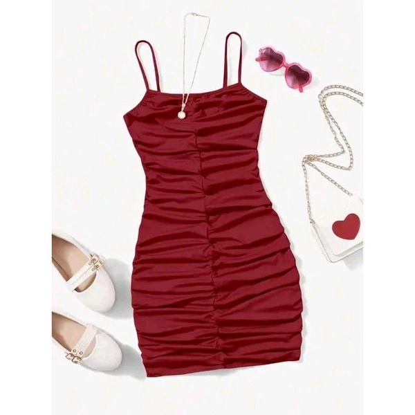 DHRU Girls' Solid Color Pleated Fitted Spaghetti Strap Dress - Maroon, 9-10 Year