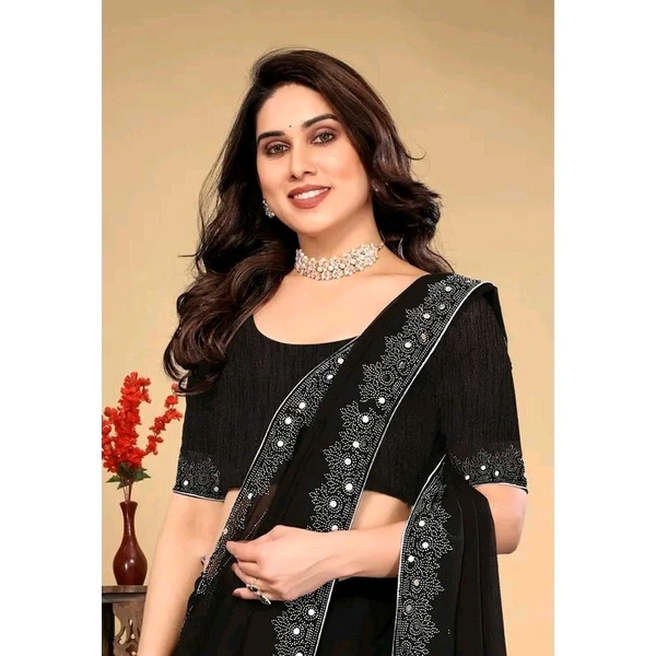 Women's Georgette Handloom Diamond Work Saree with Separate Blouse Piece - Black