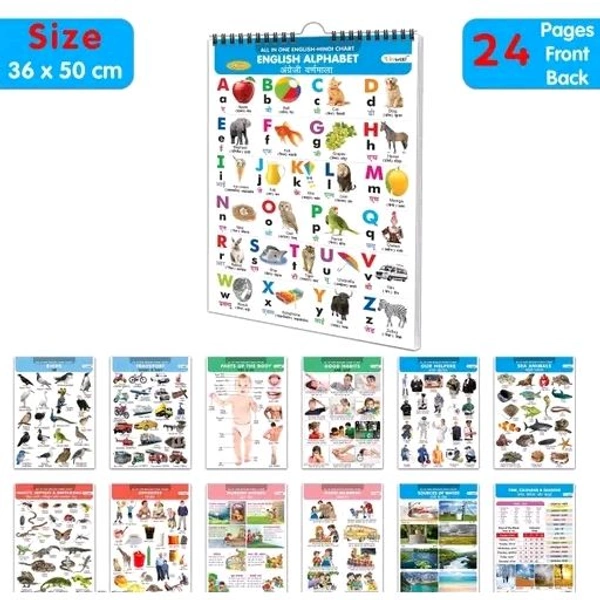 ENGLISH-HINDI Chart For Kids (24 Charts ) 36 x 50 cm - Children Spiral Wall Picture Chart