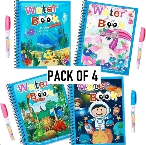 Reusable Magic Water Book Quick-Dry Coloring Book with Magic Pen – Doodle and Painting Board for Children's Educational Drawing Pad (Assorted Colors & Random Designs, Pack of 4)