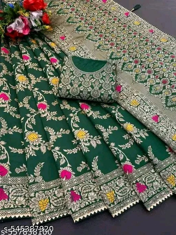 Latest Designer Banarasi Silk Sraee For Women With Unstich (brocade) Blouse Piece - Green