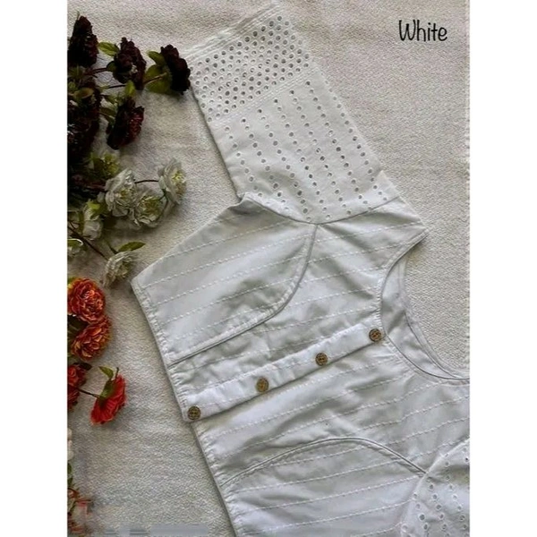 Beautiful U Neck Pure Cotton Hokoba Blouse With Fancy Button, Indian Blouse - White, 32