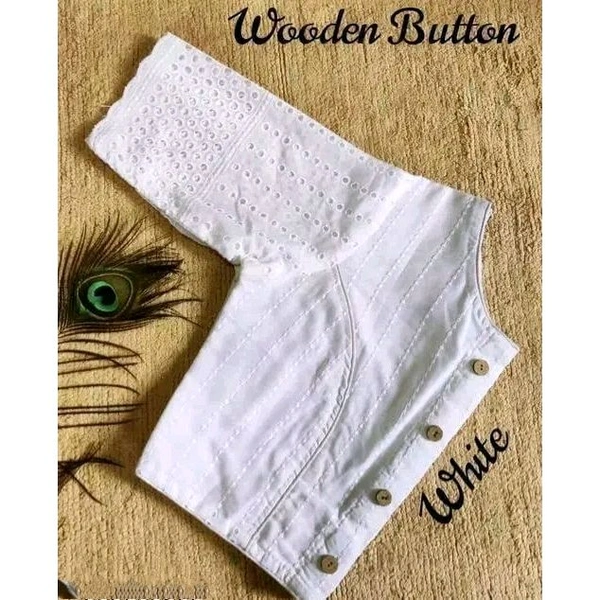 Beautiful U Neck Pure Cotton Hokoba Blouse With Fancy Button, Indian Blouse - White, 32