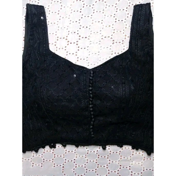 Nirmita New Hot Beautiful Black Georgette Blouse With V Neck Chikankari Lakhnavi Blouse, Stylish Sleeveless Blouse||Stylish Party Wear Blouse for Women||Chikankari Blouse - Black, 36