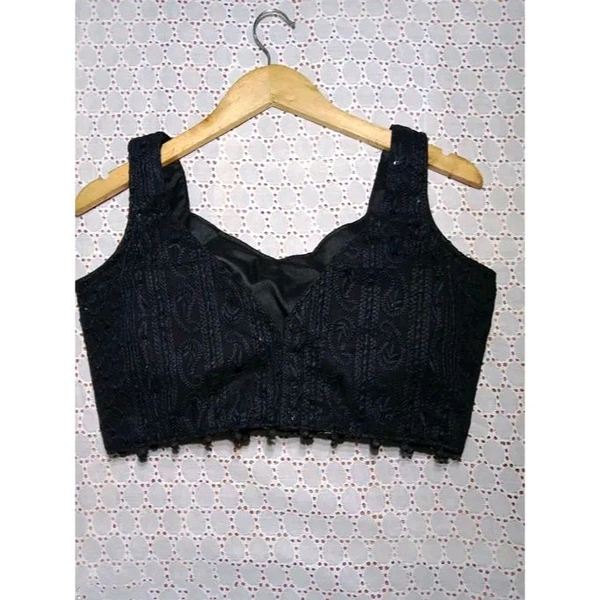 Nirmita New Hot Beautiful Black Georgette Blouse With V Neck Chikankari Lakhnavi Blouse, Stylish Sleeveless Blouse||Stylish Party Wear Blouse for Women||Chikankari Blouse - Black, 38