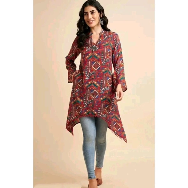 Ethnic Motifs Jaipuri print Flared Sleeves A-Line Kurti,Kurta - Maroon, XXL