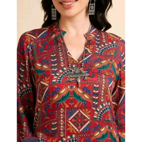 Ethnic Motifs Jaipuri print Flared Sleeves A-Line Kurti,Kurta - Maroon, 4XL