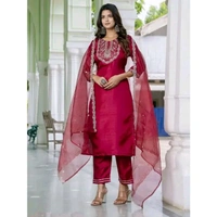Embroidered Kurta With Dupatta And pent Set - Maroon, XS