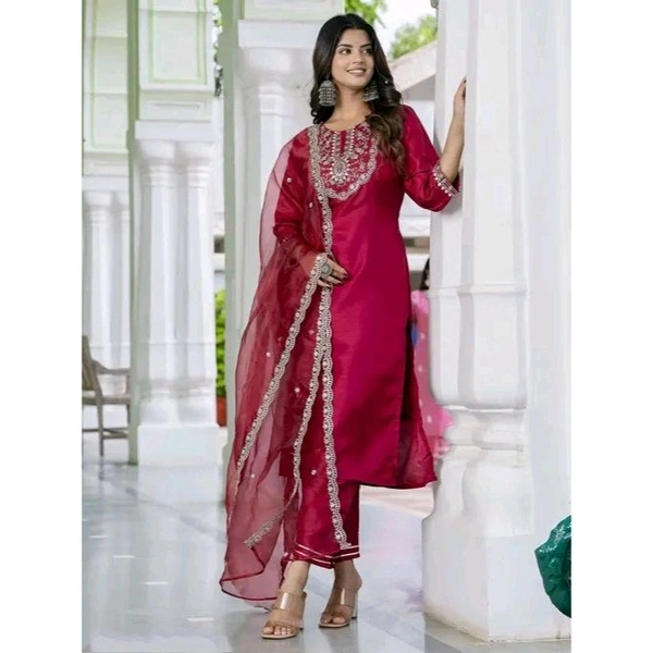 Embroidered Kurta With Dupatta And pent Set - Maroon, XXXL