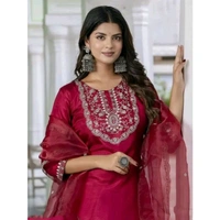 Embroidered Kurta With Dupatta And pent Set - Maroon, 4XL