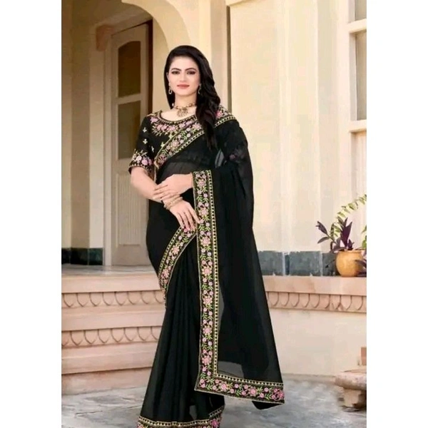 Women's & Girl's New Fashion Style unique Designer Comfortable Party Wear Silk Saree With light weight Blouse (BLACK) - Black