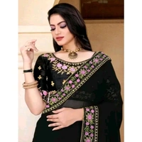 Women's & Girl's New Fashion Style unique Designer Comfortable Party Wear Silk Saree With light weight Blouse (BLACK) - Black