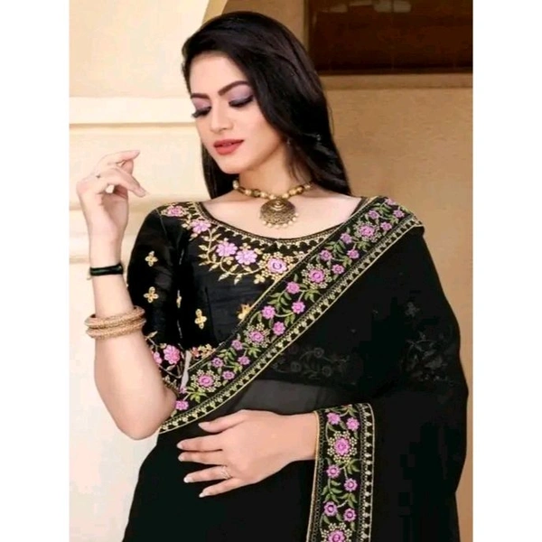 Women's & Girl's New Fashion Style unique Designer Comfortable Party Wear Silk Saree With light weight Blouse (BLACK) - Black