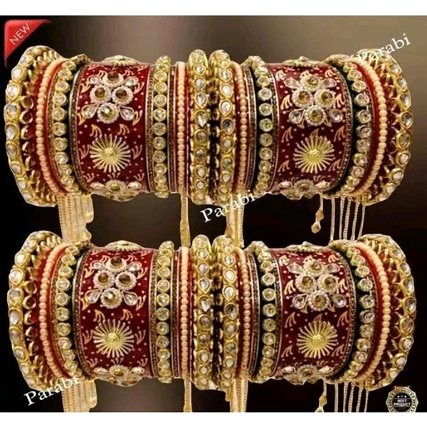 RED MULTICOLOUR LATKAN Heavy Alloy Gold-plated Rajkot Style Bridal Chuda Bangles Set For Girls And Women. - 2.3
