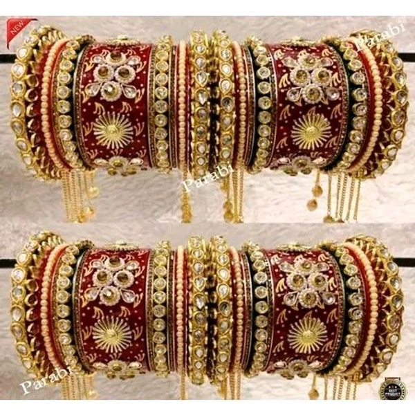 RED MULTICOLOUR LATKAN Heavy Alloy Gold-plated Rajkot Style Bridal Chuda Bangles Set For Girls And Women. - 2.3