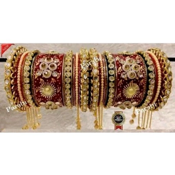 RED MULTICOLOUR LATKAN Heavy Alloy Gold-plated Rajkot Style Bridal Chuda Bangles Set For Girls And Women. - 2.3