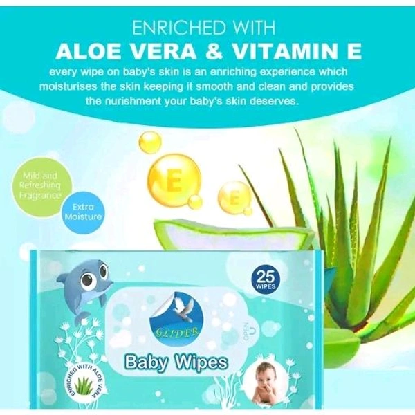 GLIDER Baby Wipes | 25 Wipes/Pack | Soft and Thick | Aloe Vera & Vitamins | (Pack of 3 ( 75 Wipes )