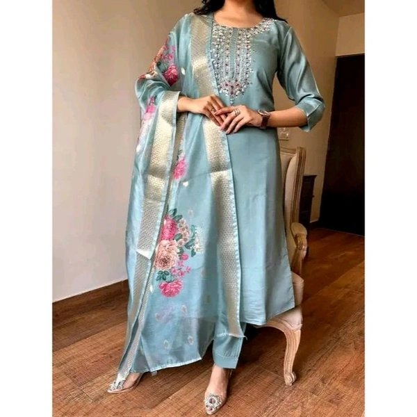 Women's Attractive Olive Reyon Slub Embroidered Kurta Pant Dupatta Set - S