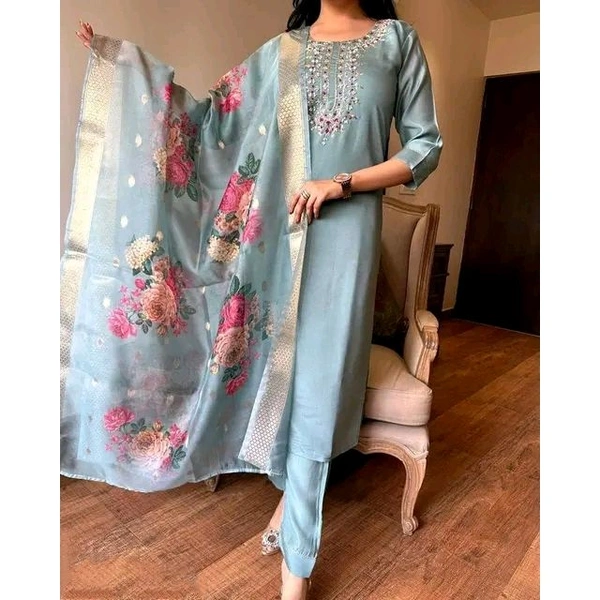Women's Attractive Olive Reyon Slub Embroidered Kurta Pant Dupatta Set - S