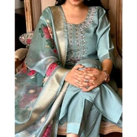 Women's Attractive Olive Reyon Slub Embroidered Kurta Pant Dupatta Set - S