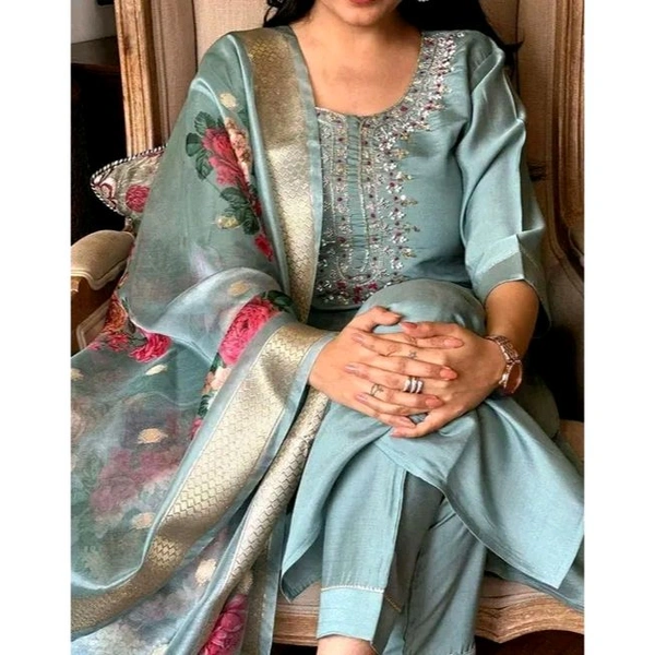 Women's Attractive Olive Reyon Slub Embroidered Kurta Pant Dupatta Set - S