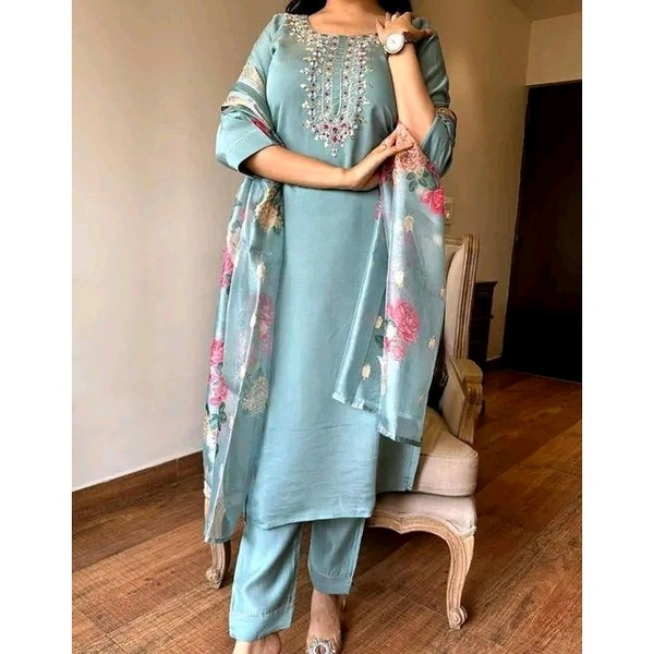 Women's Attractive Olive Reyon Slub Embroidered Kurta Pant Dupatta Set - S