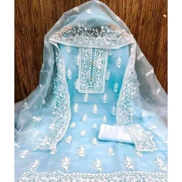 Unstiched Exclusive Super Best Collections Organza Party Wear Fancy Patiala Pakistani jaipuri All Occastions Organza Suits Women's Aqua Blue Embellished Embroidered Organza Suits & Dress Materials 