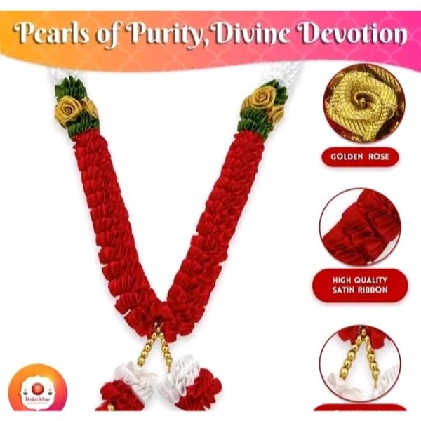(16 Inch ) Handmade Satin Ribbon Mala for Photo Frame & God Idol | Artificial White & Red Garland for Photo Frames, Murti, God, Mandir and Temple - Pack of 1