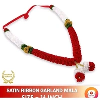 (16 Inch ) Handmade Satin Ribbon Mala for Photo Frame & God Idol | Artificial White & Red Garland for Photo Frames, Murti, God, Mandir and Temple - Pack of 1