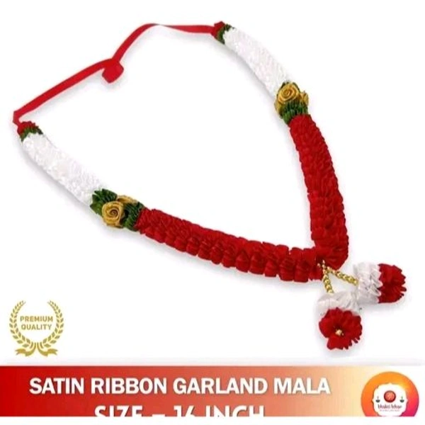 (16 Inch ) Handmade Satin Ribbon Mala for Photo Frame & God Idol | Artificial White & Red Garland for Photo Frames, Murti, God, Mandir and Temple - Pack of 1