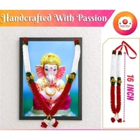 (16 Inch ) Handmade Satin Ribbon Mala for Photo Frame & God Idol | Artificial White & Red Garland for Photo Frames, Murti, God, Mandir and Temple - Pack of 1