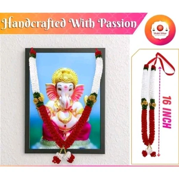 (16 Inch ) Handmade Satin Ribbon Mala for Photo Frame & God Idol | Artificial White & Red Garland for Photo Frames, Murti, God, Mandir and Temple - Pack of 1