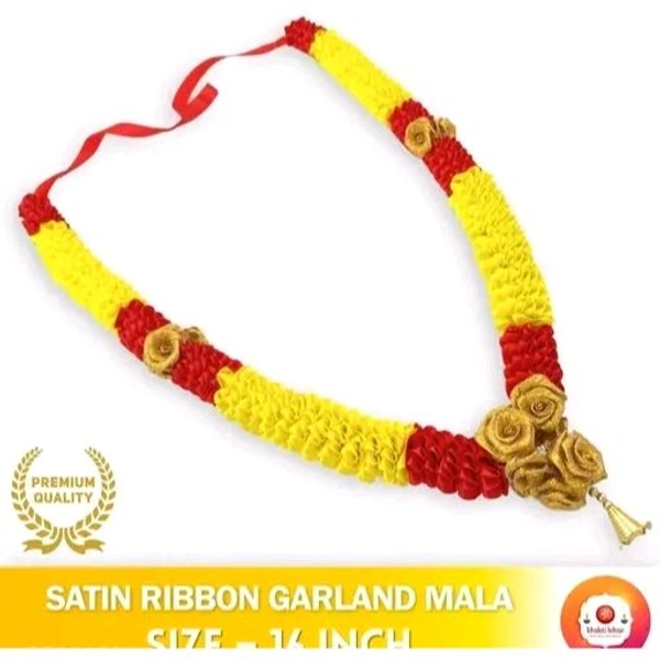 (16 Inches)Handmade Yellow & Red Artificial Satin Ribbon Garland for Photo Frame, God Idols and Loved Ones | Artificial Sartin Ribbon Mala for Photo, Bhagwan Murti - Pack of 1