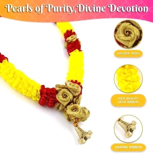 (16 Inches)Handmade Yellow & Red Artificial Satin Ribbon Garland for Photo Frame, God Idols and Loved Ones | Artificial Sartin Ribbon Mala for Photo, Bhagwan Murti - Pack of 1