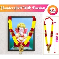 (16 Inches)Handmade Yellow & Red Artificial Satin Ribbon Garland for Photo Frame, God Idols and Loved Ones | Artificial Sartin Ribbon Mala for Photo, Bhagwan Murti - Pack of 1